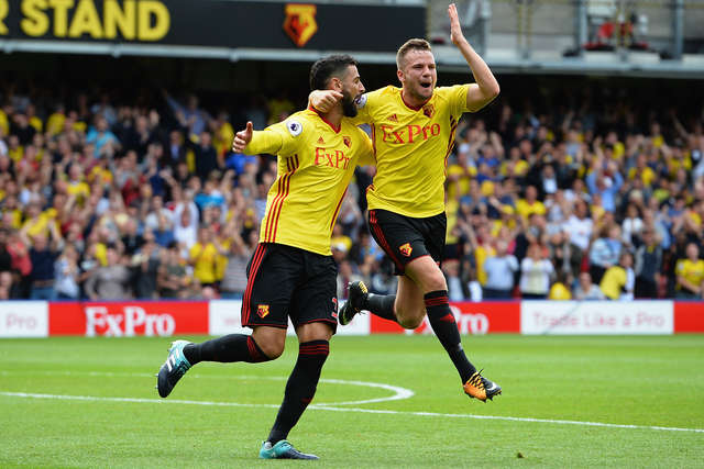 The Watford player celebrate during their 3-3 draw with Liverpool.